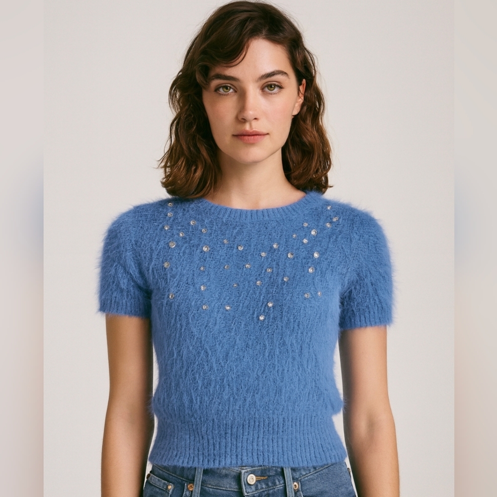 Zera Blue Fuzzy Sweater with Embellishments